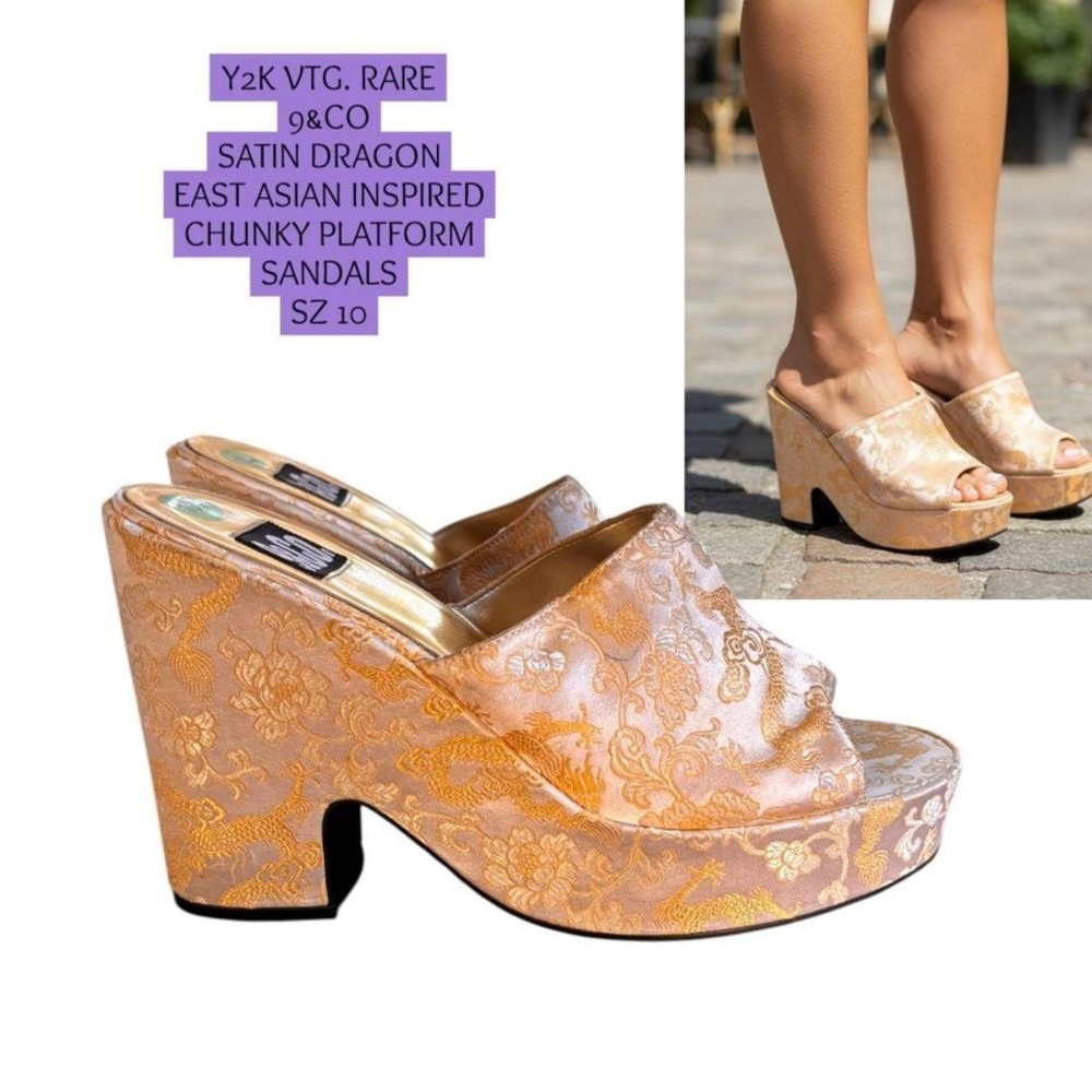 RARE VTG 90s Nine & Co. Gold Satin Dragon Print Platform Wedges - Size 10